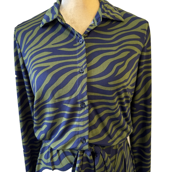 Eloquii Elements Green/ Black Zebra Print Button Down Midi Dress Size 14 - Picture 5 of 14